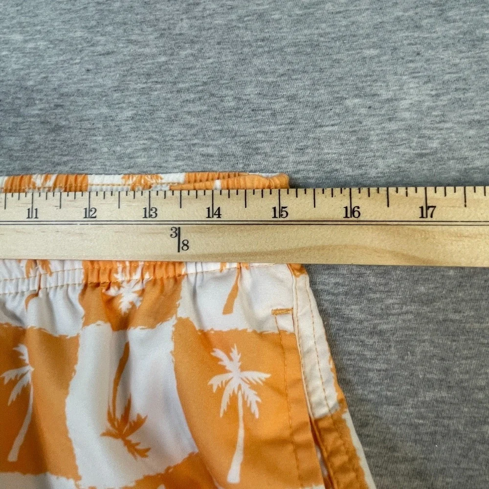 Free Planet Swim Trunks Mens Medium M Orange White Checkerboard Palm Tree Board
